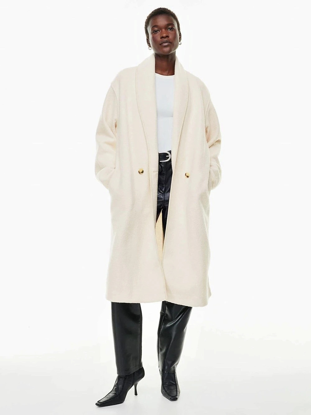 Aritzia Cream Shawl-Collar Long Pea Coat